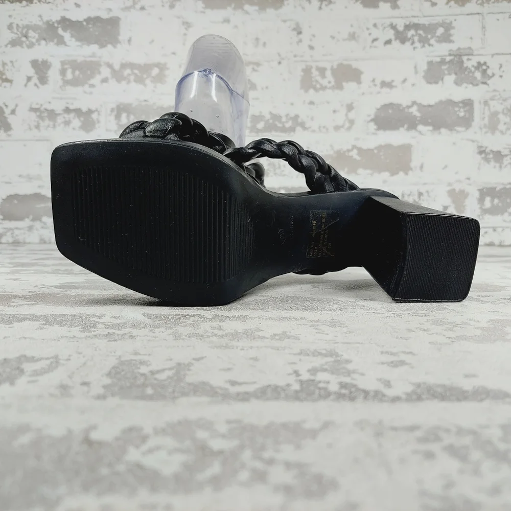 NEW Anne Klein Aiden Black Braided Strap Slip On Block Heel Sandals D589